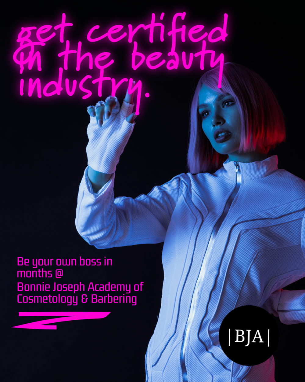 Get certified in the beauty industry — neon-lit editorial ad